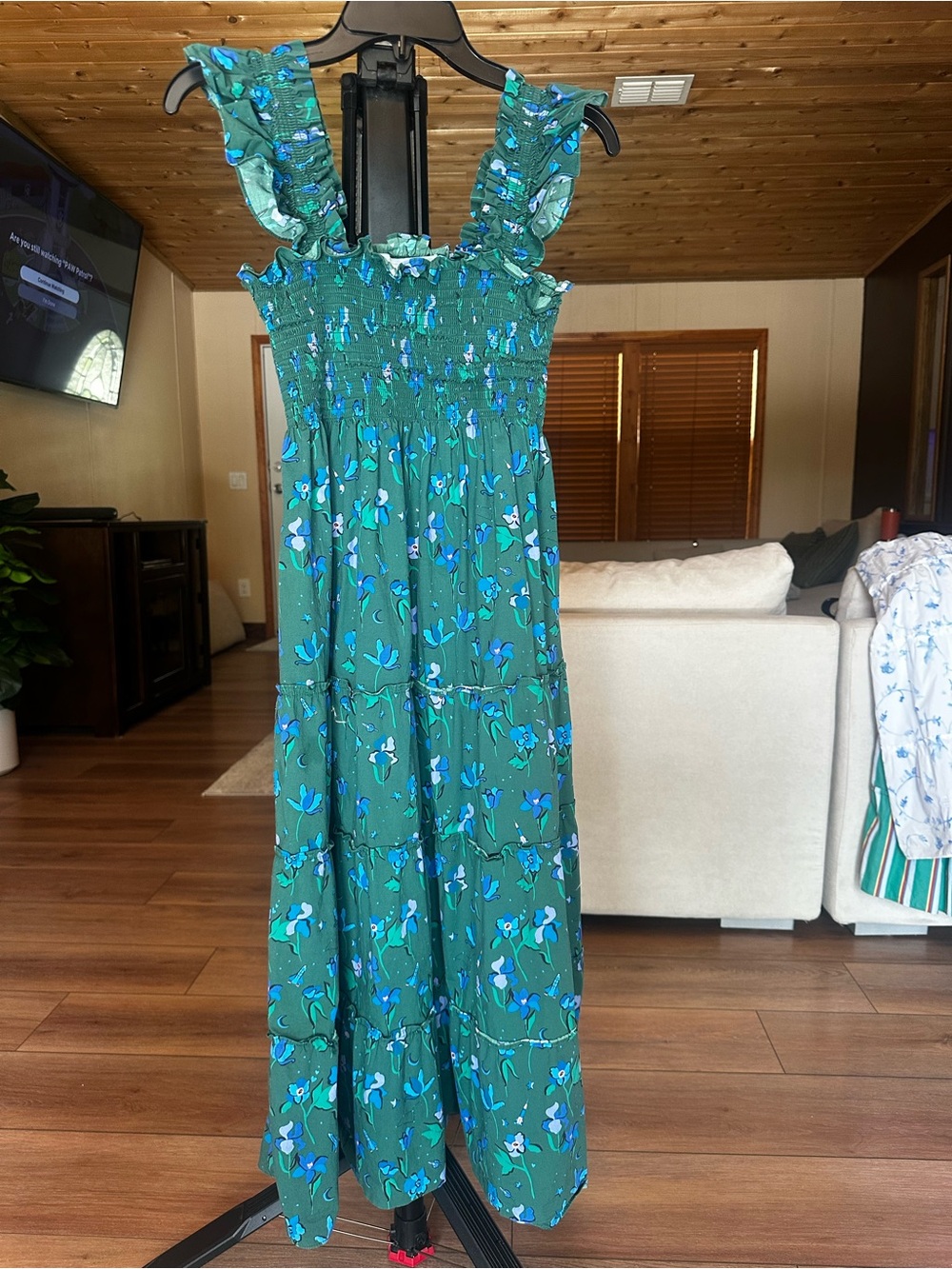 Hill House Green Floral Smocked Maxi Dress with MULTIPLE HOLES